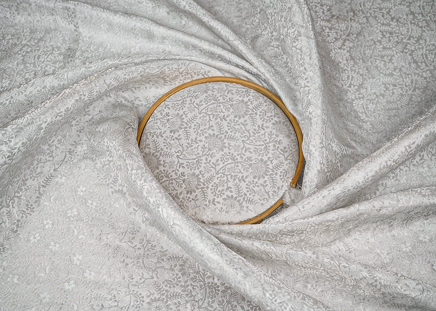 Silver Banarasi Brocade Fabric With All Over Silver Zari Handloom 21001