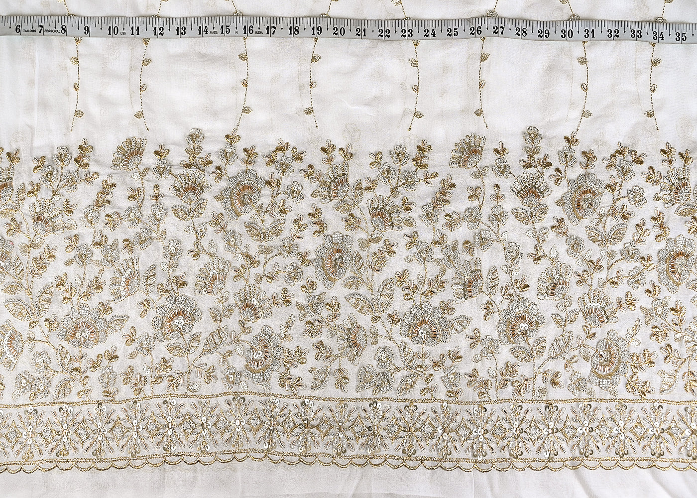 White Georgette Fabric With All Over Katdana, Zari, Sequins And Bead Work With One Side Border 21002