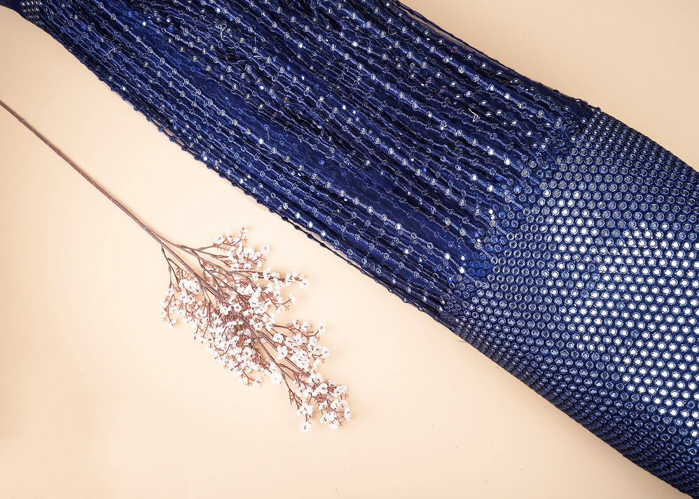 Navy Blue Net Fabric With All Over Laser Cutwork And One Side Border 21023