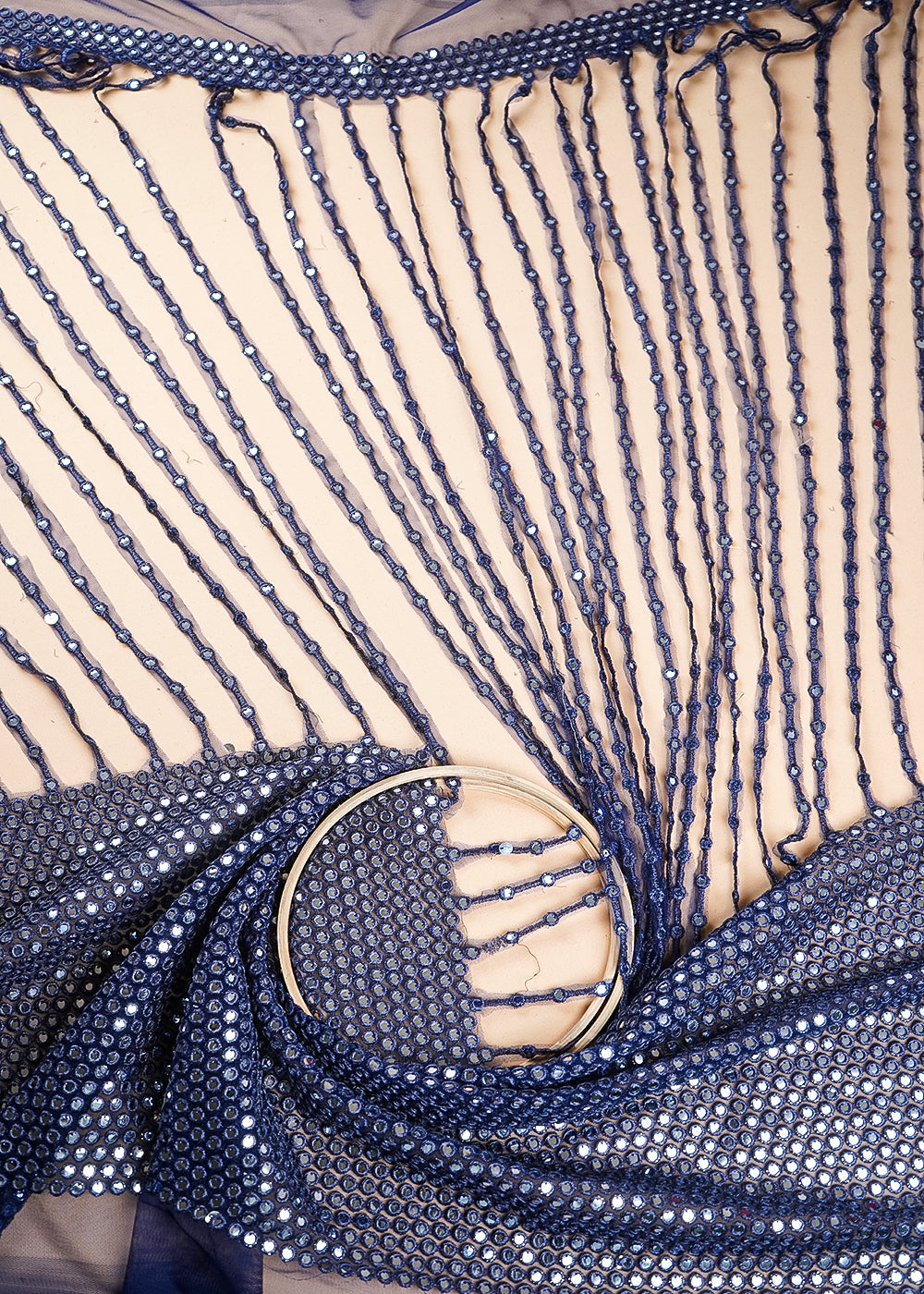 Navy Blue Net Fabric With All Over Laser Cutwork And One Side Border 21023