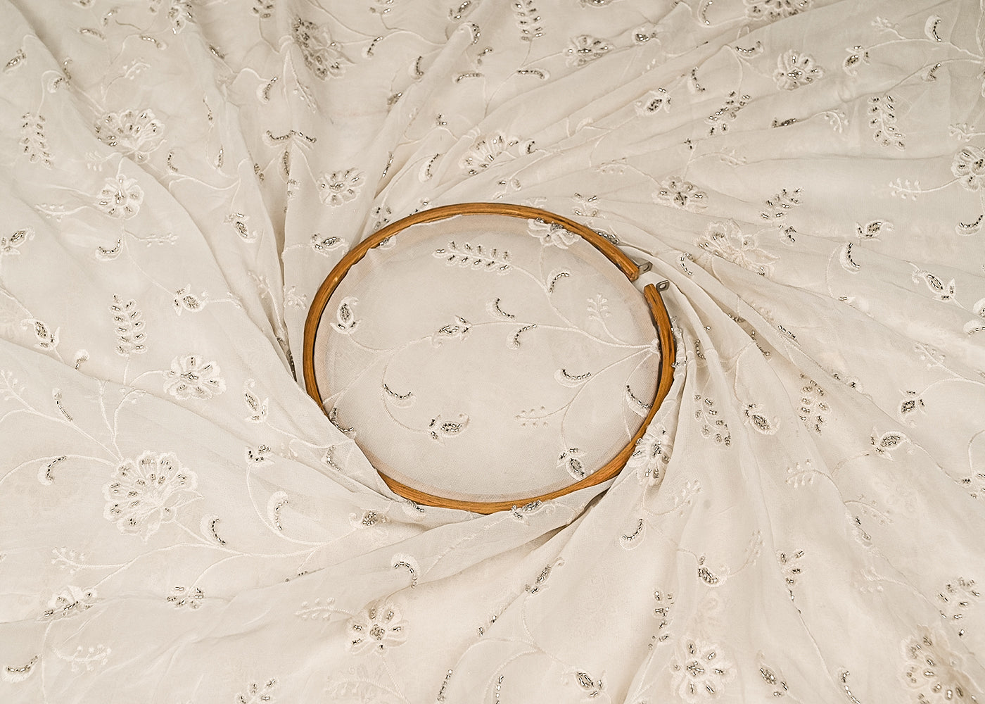 White Georgette Fabric with Allover Thread and Katdana Work 21043