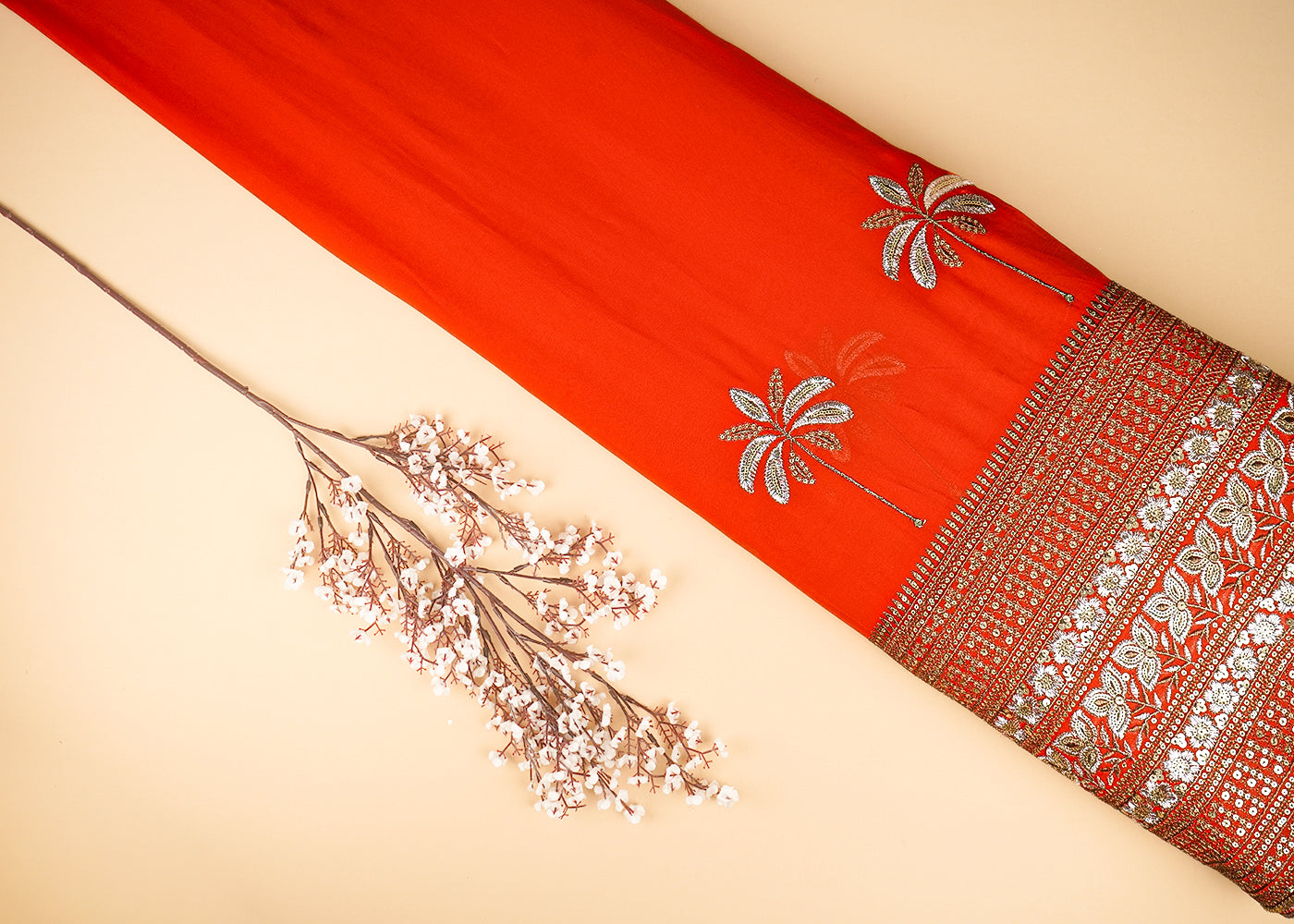 Orange Georgette Fabric with Allover Zari and Sequins Work with One-Side Border 21044