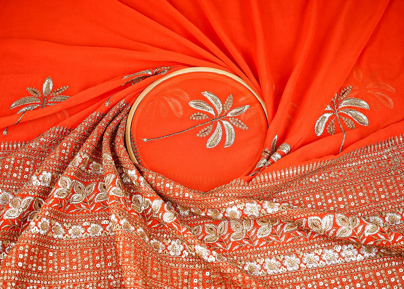 Orange Georgette Fabric with Allover Zari and Sequins Work with One-Side Border 21044