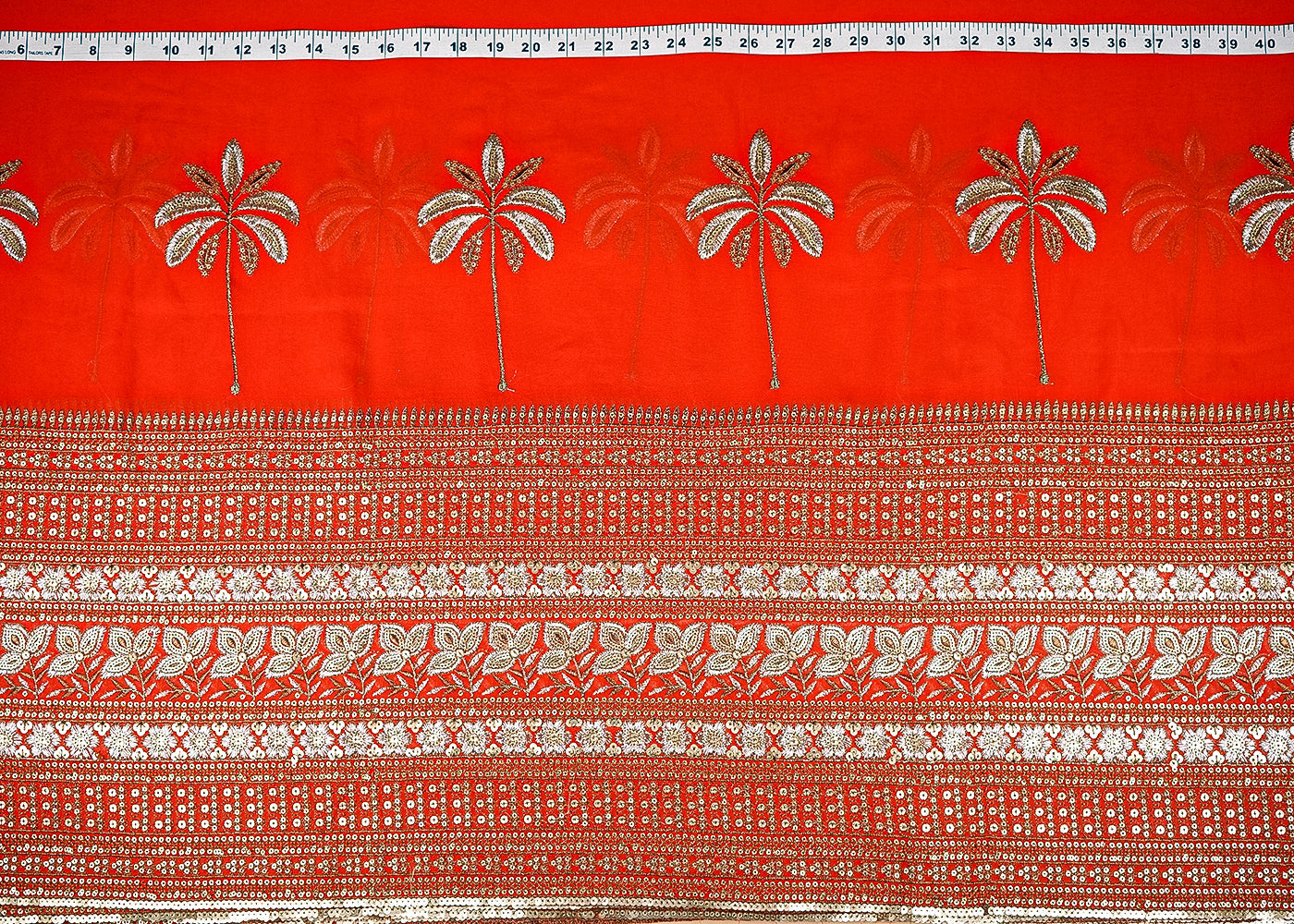 Orange Georgette Fabric with Allover Zari and Sequins Work with One-Side Border 21044
