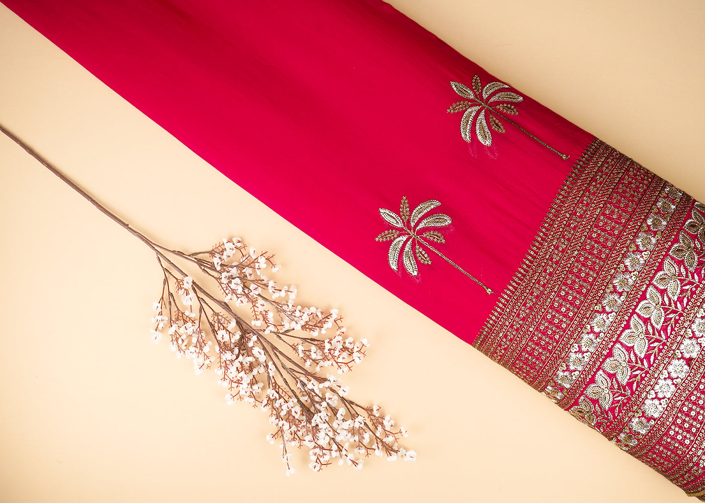 Rani Pink Georgette Fabric with Allover Zari and Sequins Work with One-Side Border 21045