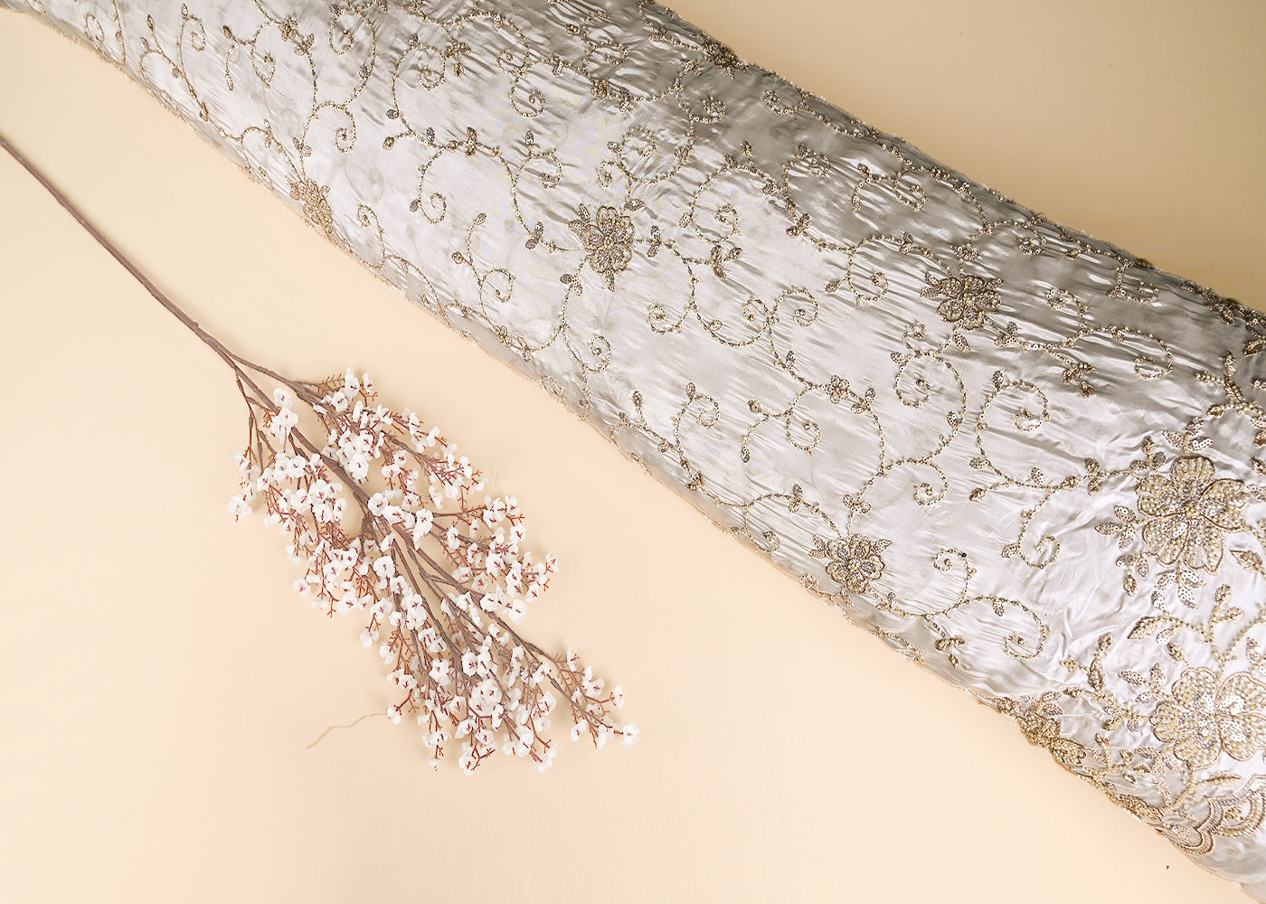 White Upada Silk Fabric With All Over Jaal Pattern Of Katdana, Zari, Sequins And Bead Work With One Side Border 21062