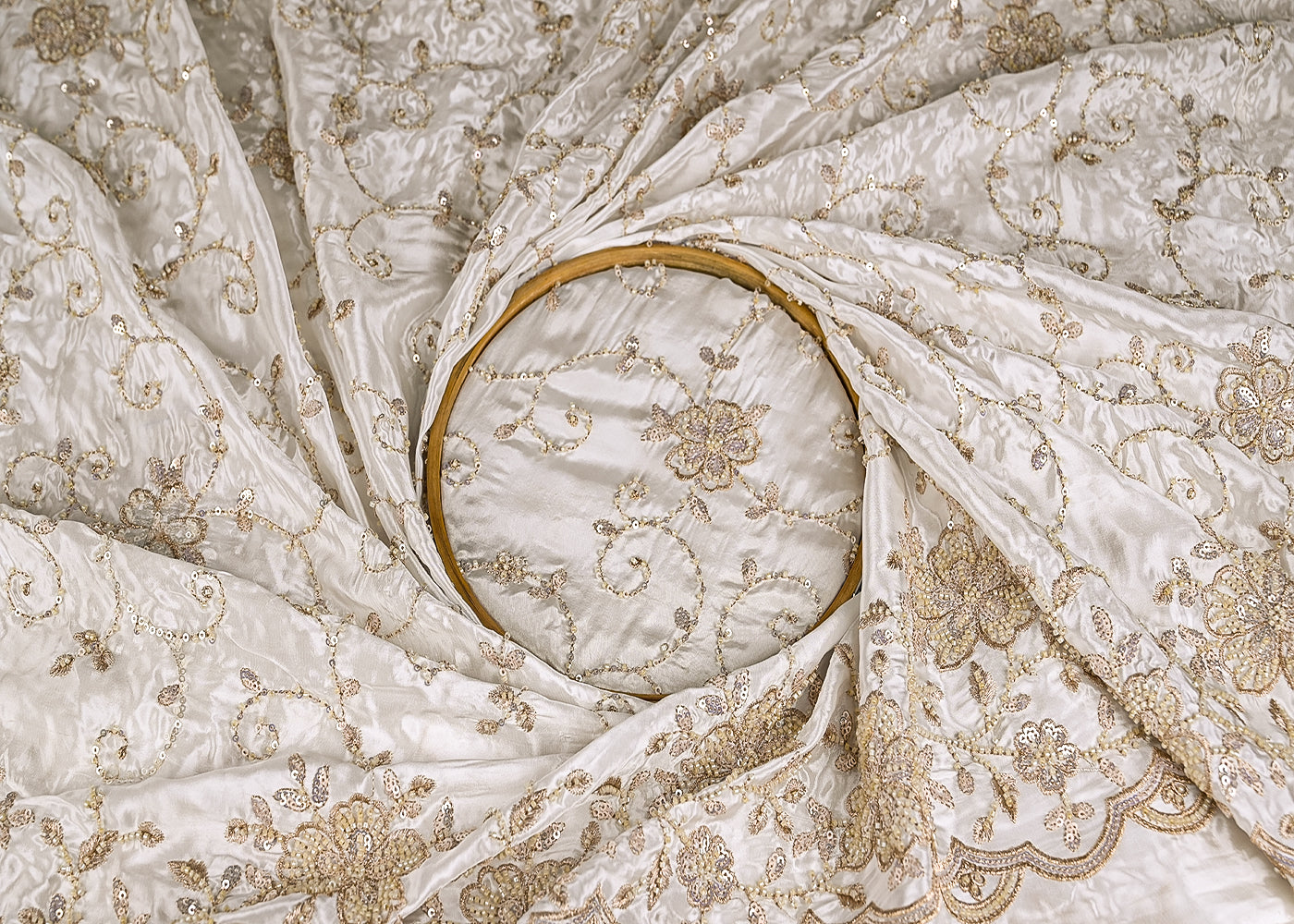 White Upada Silk Fabric With All Over Jaal Pattern Of Katdana, Zari, Sequins And Bead Work With One Side Border 21062