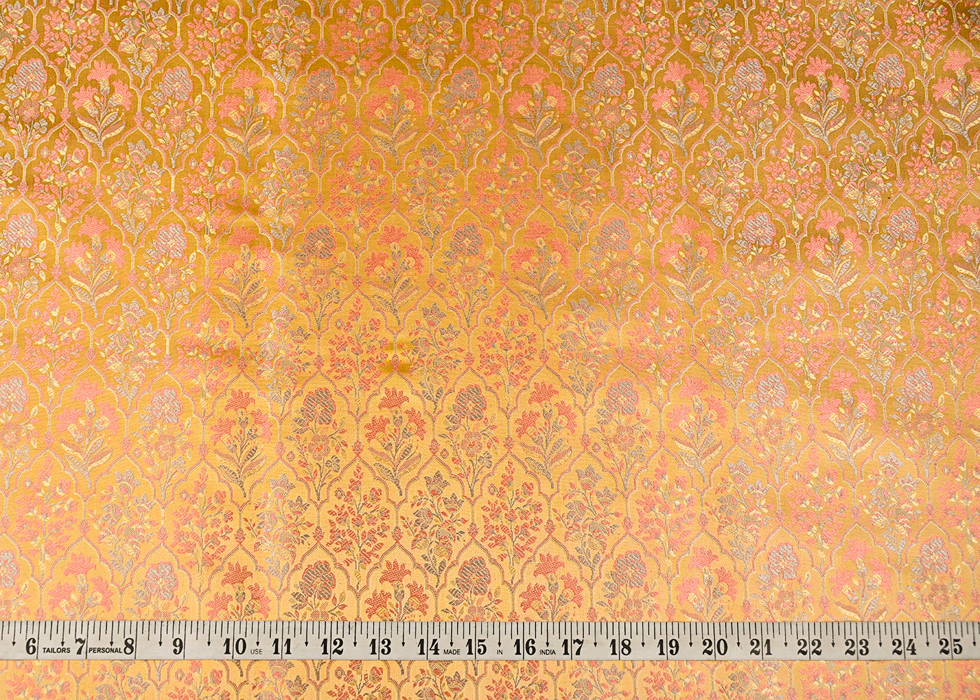 Yellow Banarasi Brocade Fabric With All Over Thread And Golden Zari Handloom 21066