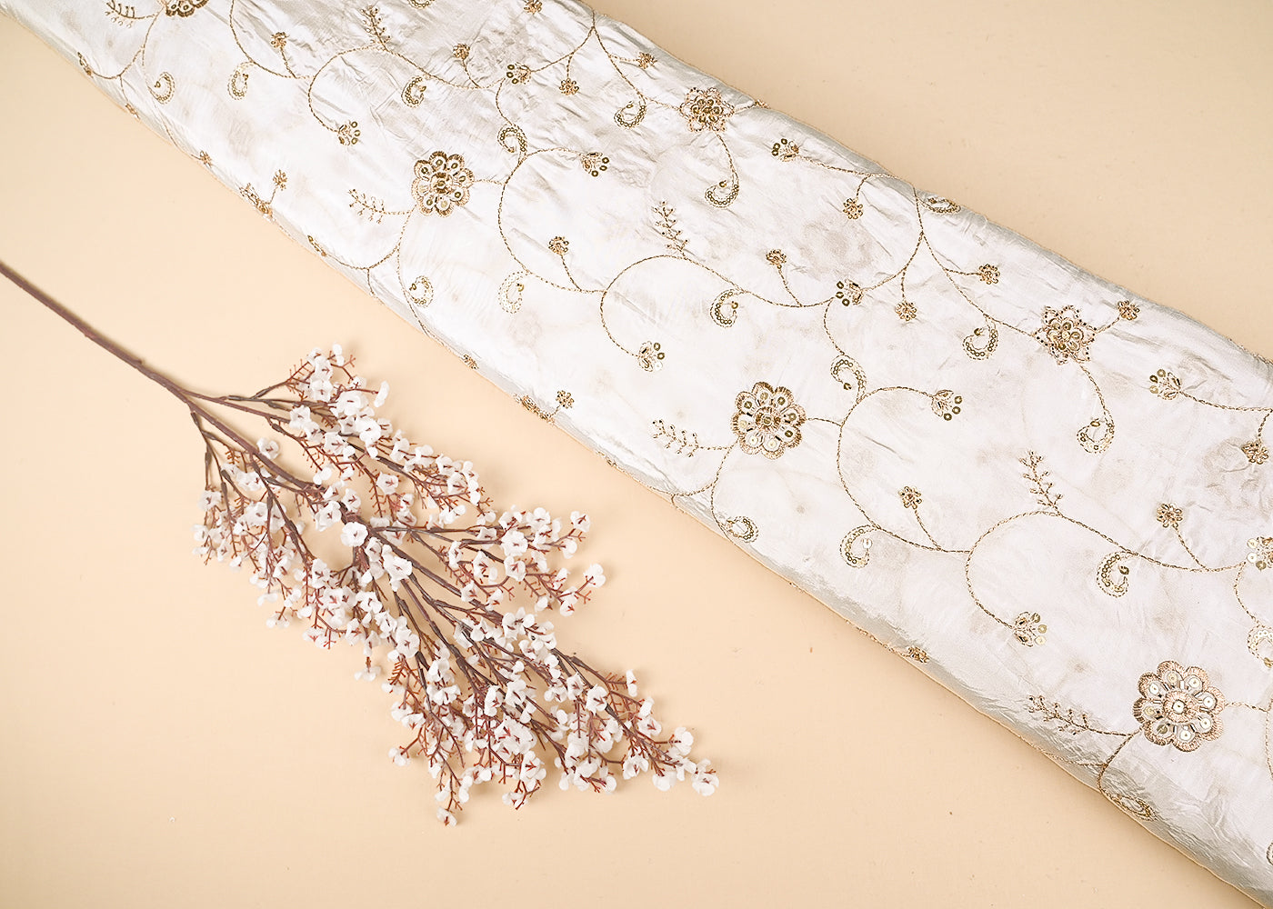 White Crepe Fabric With Allover Zari, Katdana And Sequins Work 21068