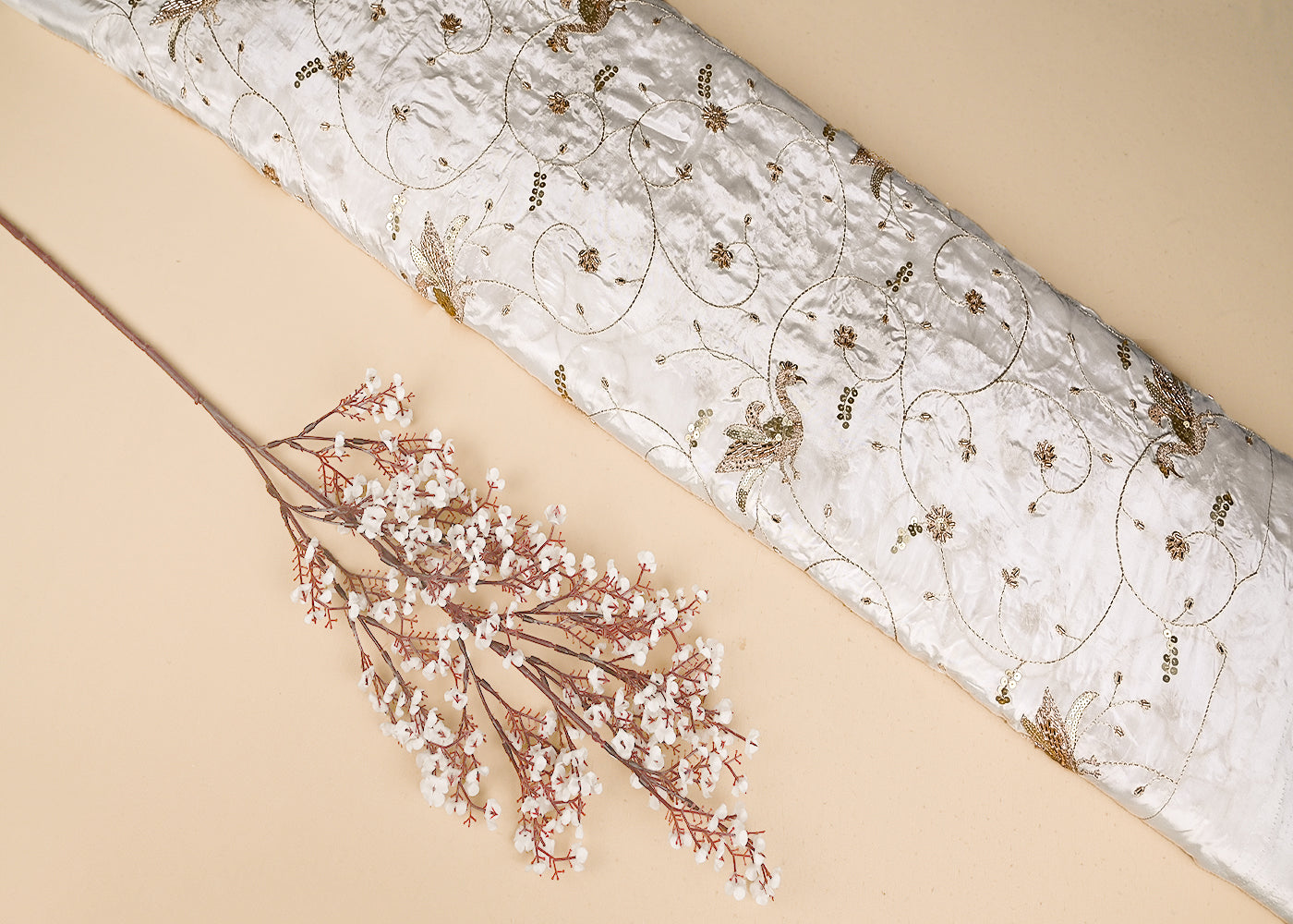 White Dyeable Crepe Fabric With Peacock Motif Of Zari, Katdana And Sequins Work 21071