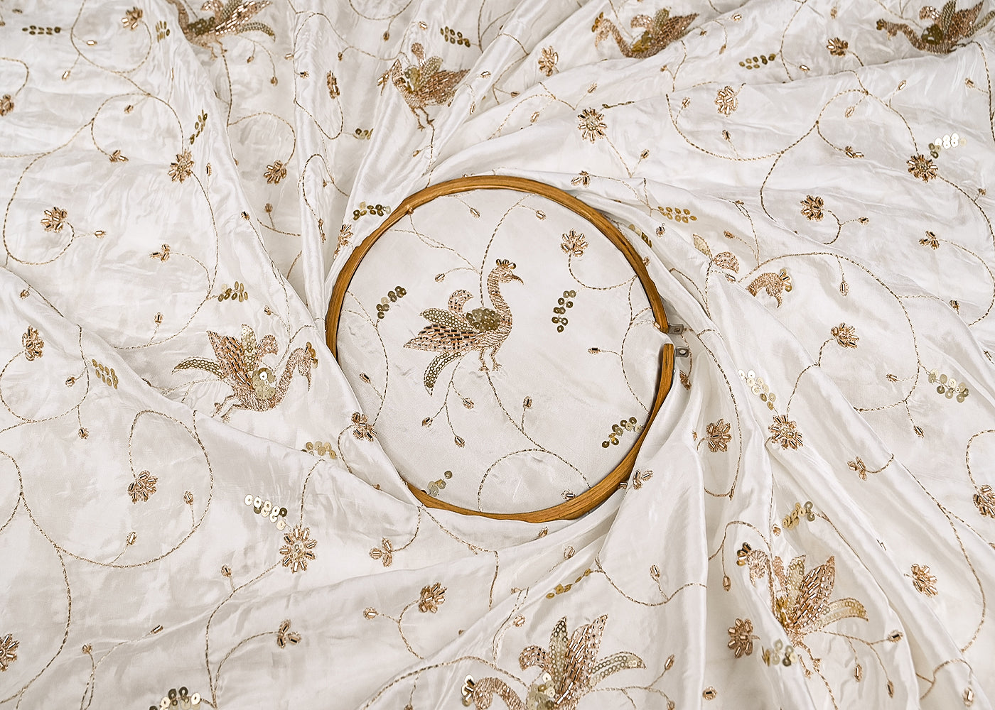 White Dyeable Crepe Fabric With Peacock Motif Of Zari, Katdana And Sequins Work 21071