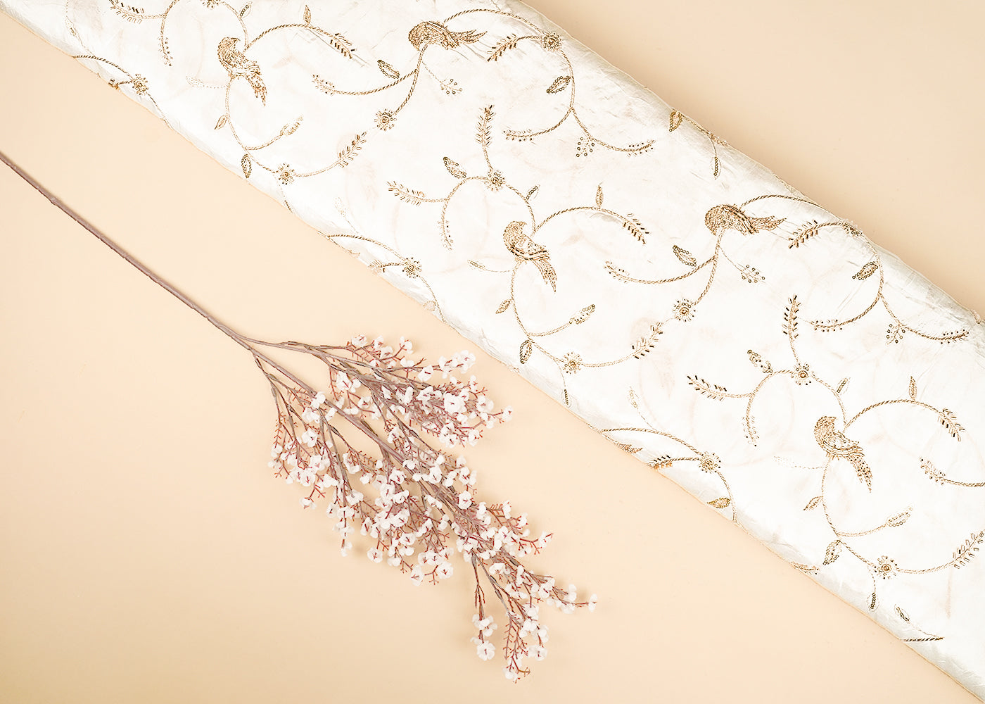 White Dyeable Crepe Fabric With Bird Motif Of Zari, Katdana And Sequins Work 21072