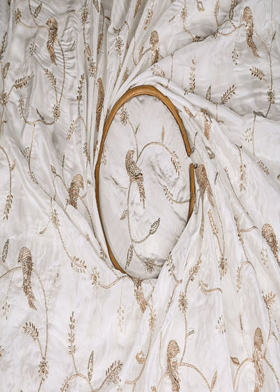 White Dyeable Crepe Fabric With Bird Motif Of Zari, Katdana And Sequins Work 21072