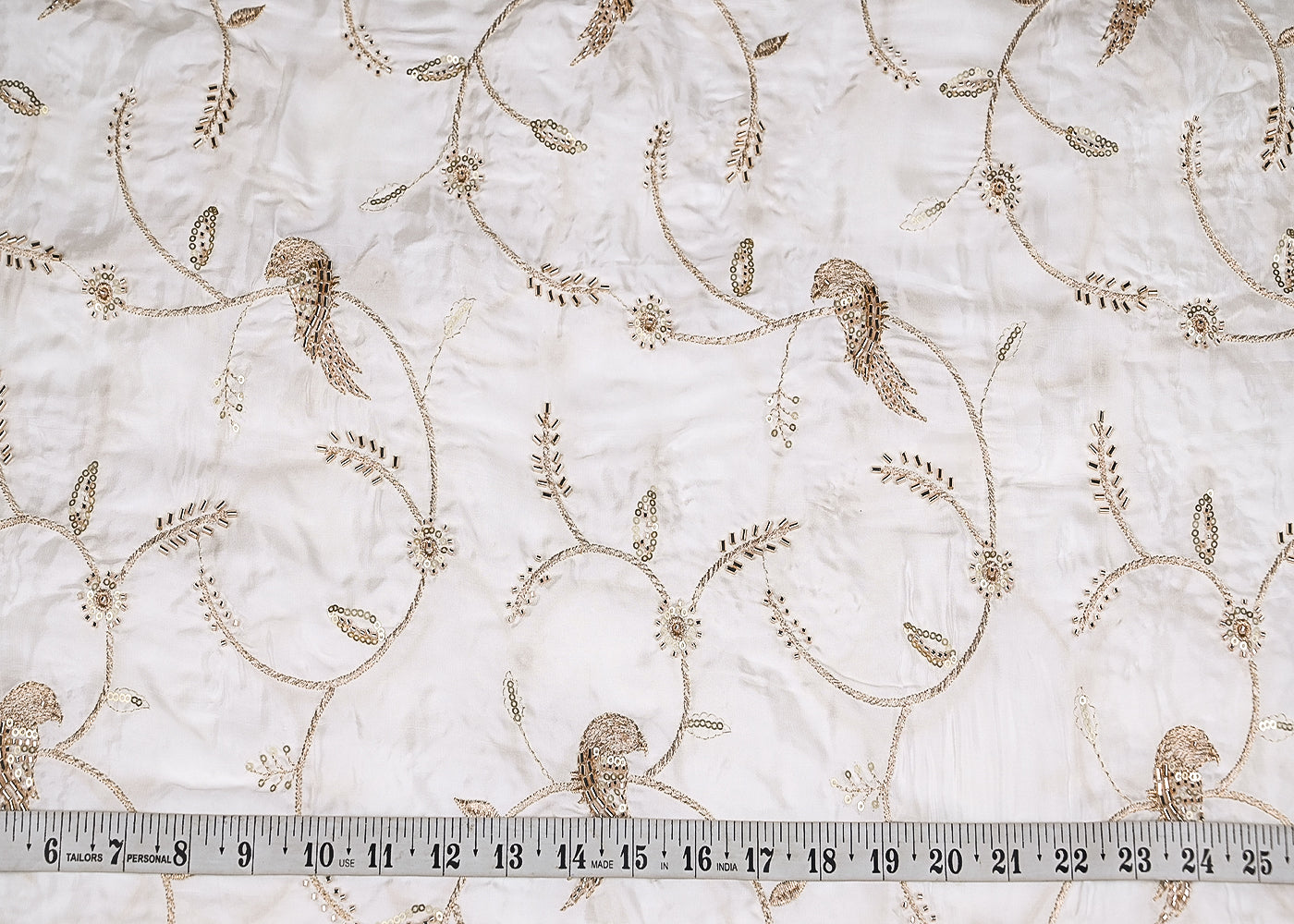 White Dyeable Crepe Fabric With Bird Motif Of Zari, Katdana And Sequins Work 21072