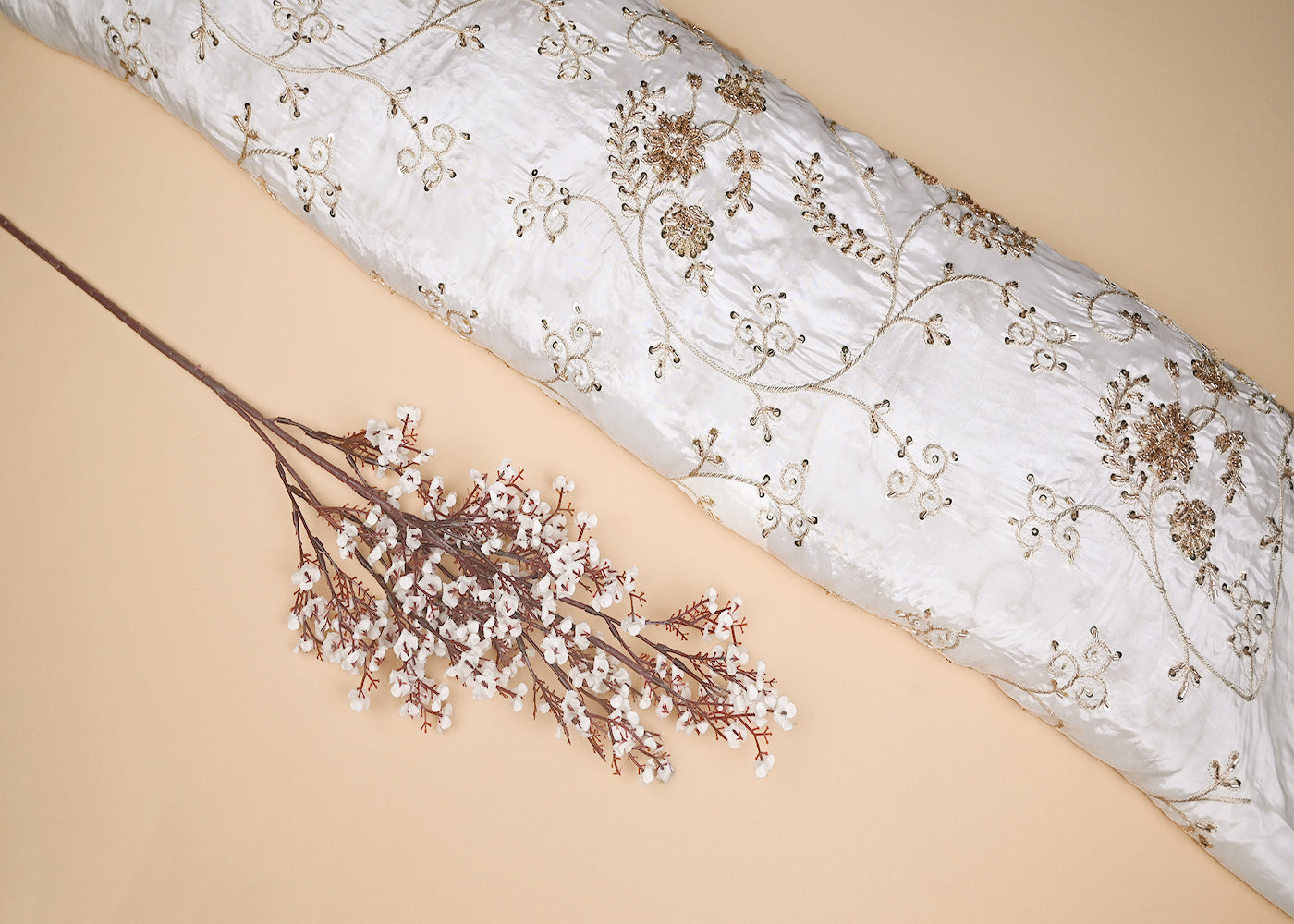 White Crepe Fabric With Allover Golden Zari, Sequins, Katdana And Pearl Work 21074