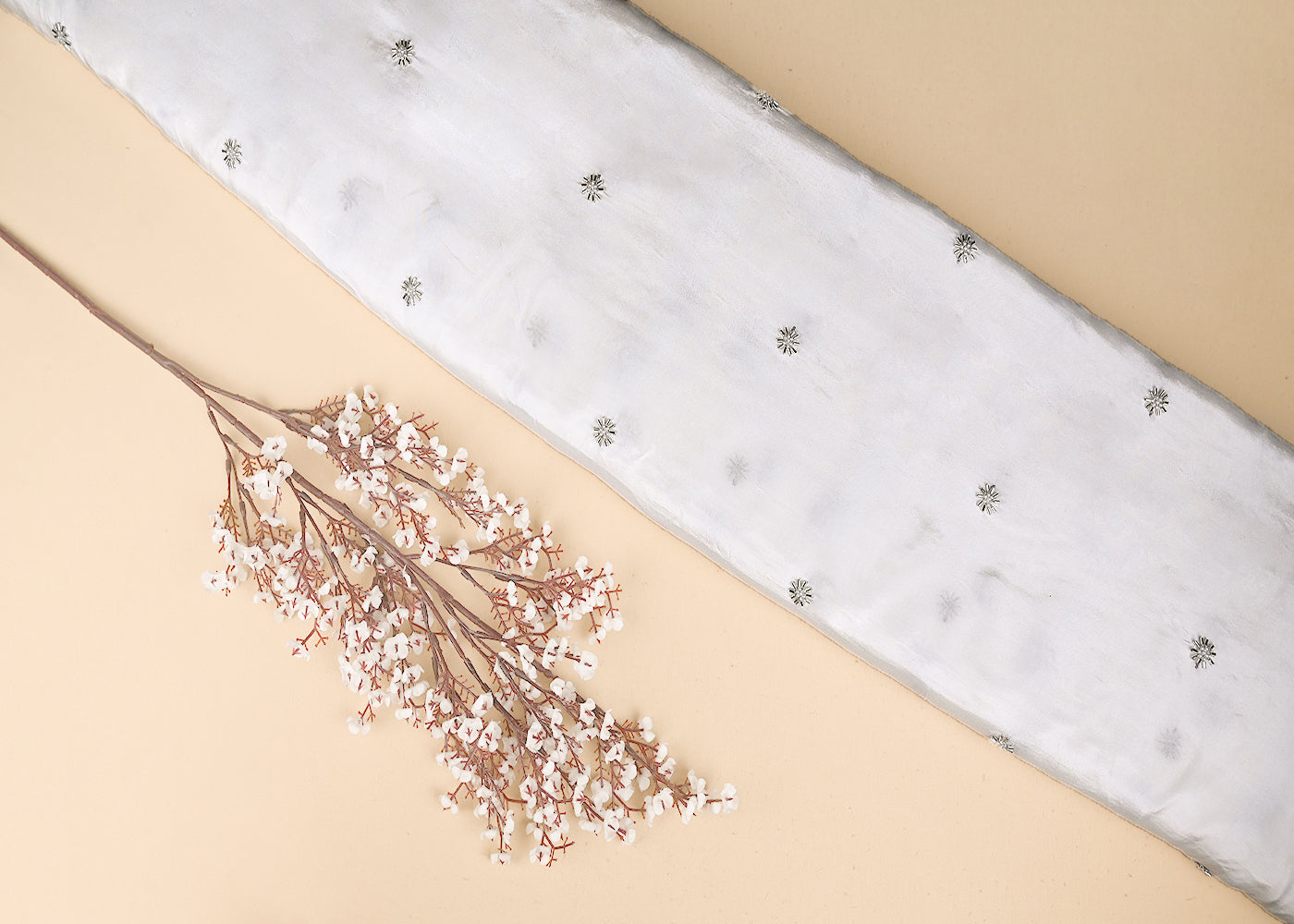 White Dyeable Crepe Fabric With All Over Buti Of Silver katdana And Bead Work 21077