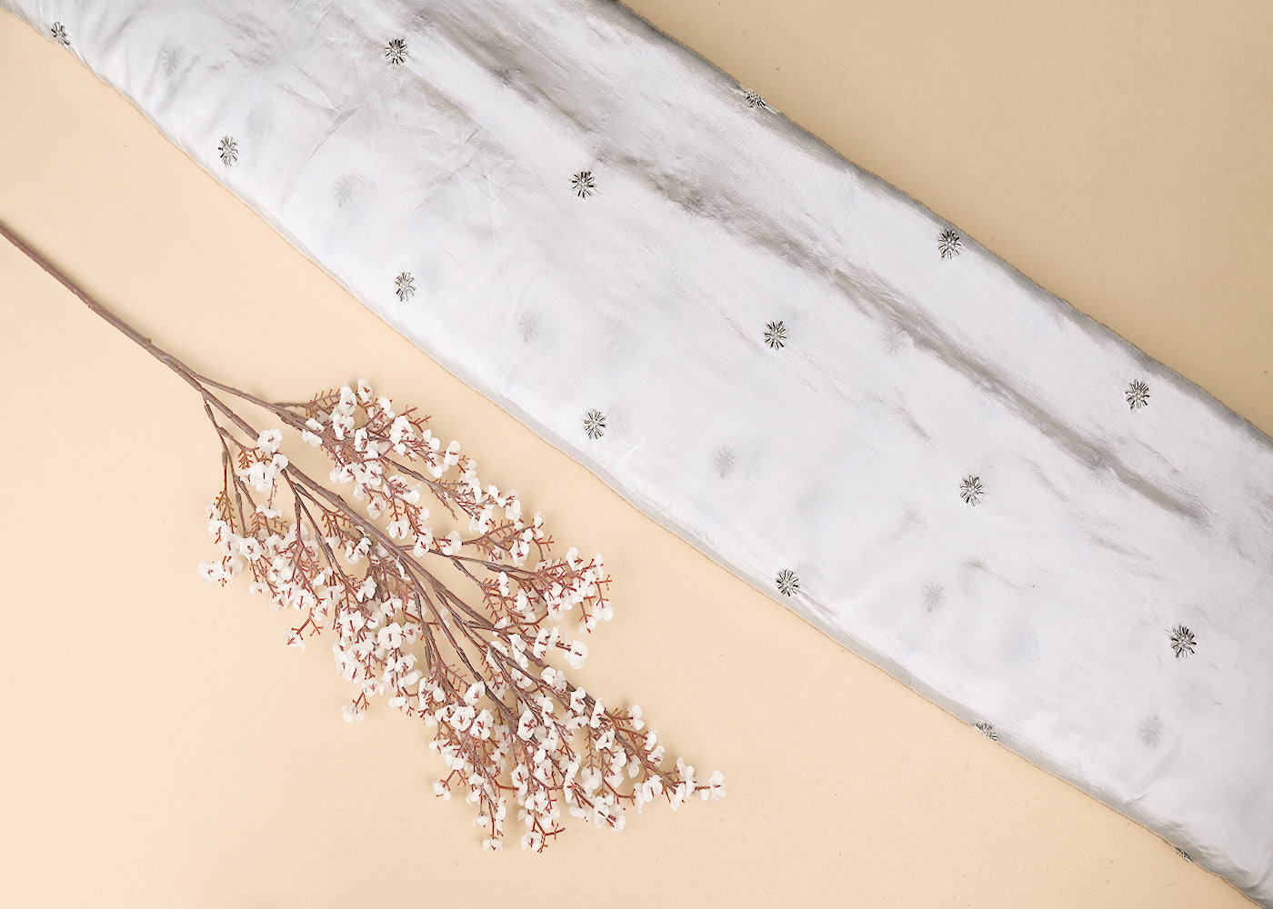 White Crepe Fabric With Allover Buti Of Silver katdana And Bead Work 21077