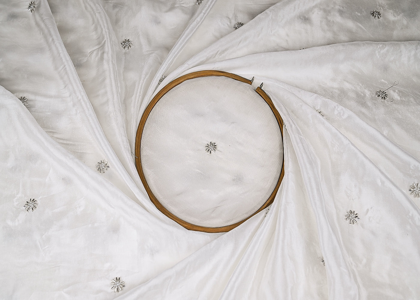 White Crepe Fabric With Allover Buti Of Silver katdana And Bead Work 21077