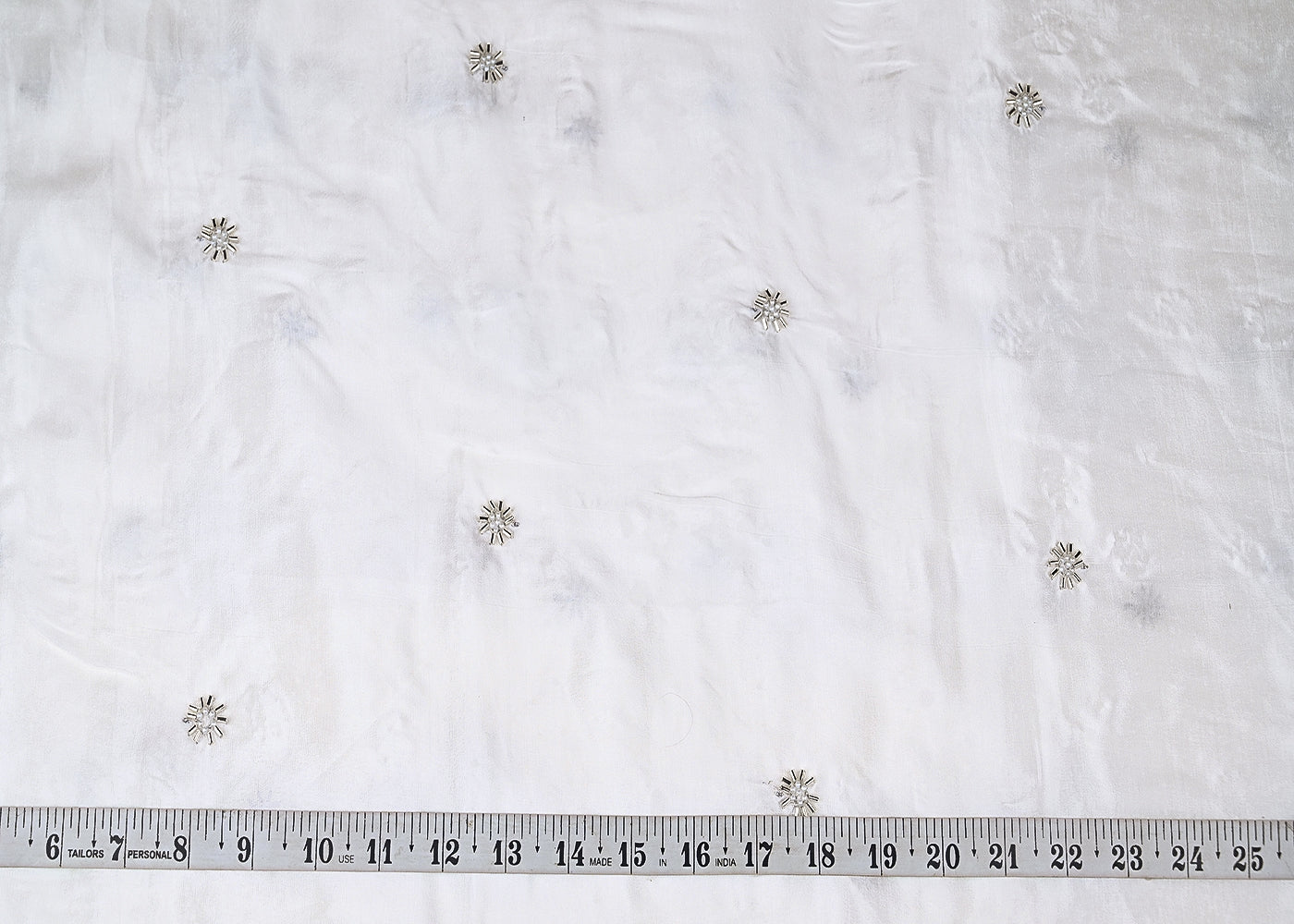 White Dyeable Crepe Fabric With All Over Buti Of Silver katdana And Bead Work 21077