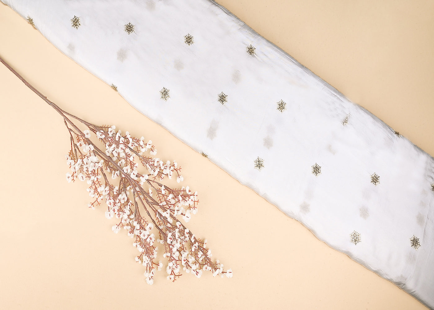 White Dyeable Crepe Fabric With All Over Buti Of Sequins And Zari Work 21079