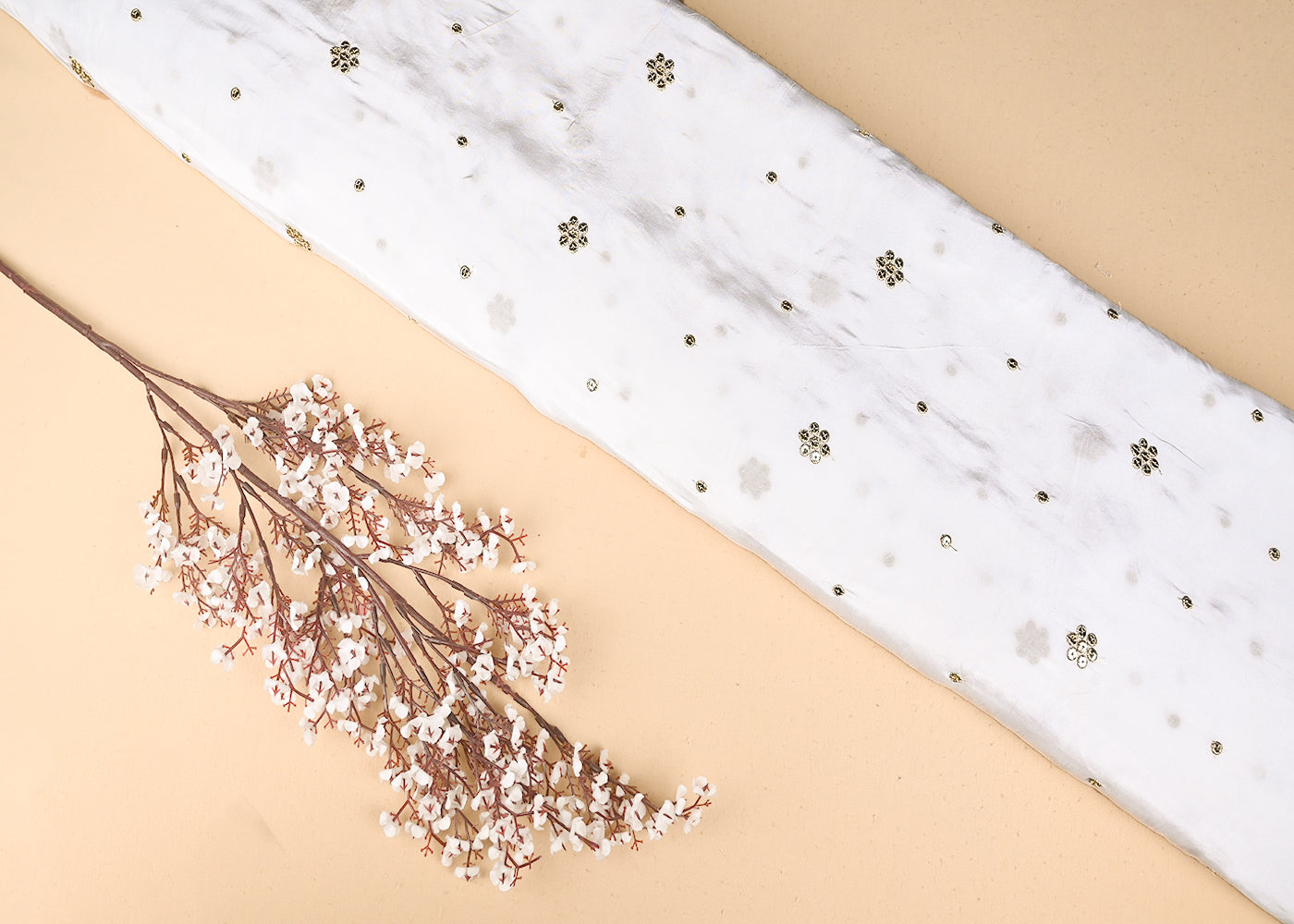 White Crepe Fabric With Allover Buti Of Sequins And Zari Work 21082