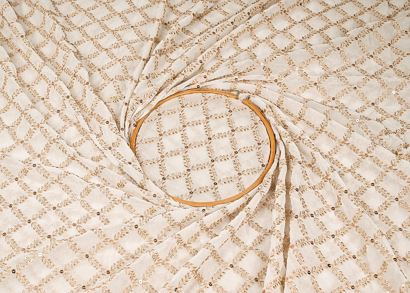 White Dyeable Georgette Fabric with Allover Zaal Pattern of Thread and Sequins Work 21084