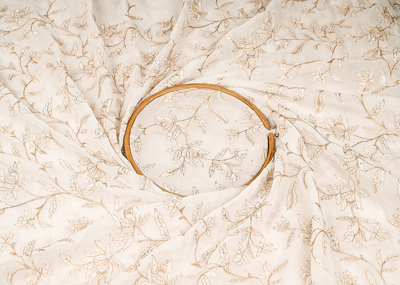 White Georgette Fabric with Allover Zari, Thread and Sequins Work 21085