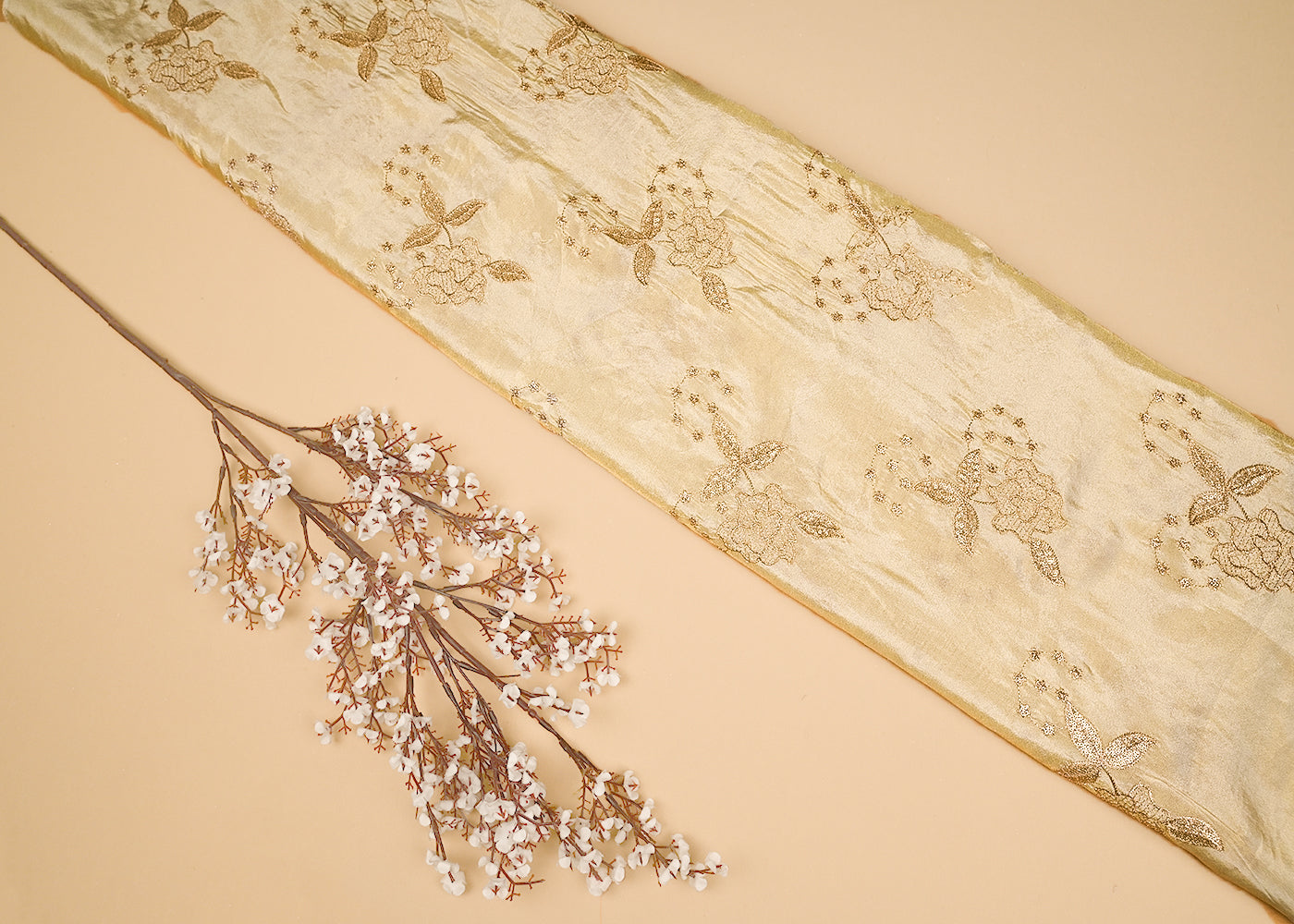 Golden Tissue Fabric with Allover Zari and Sequins Work 21086