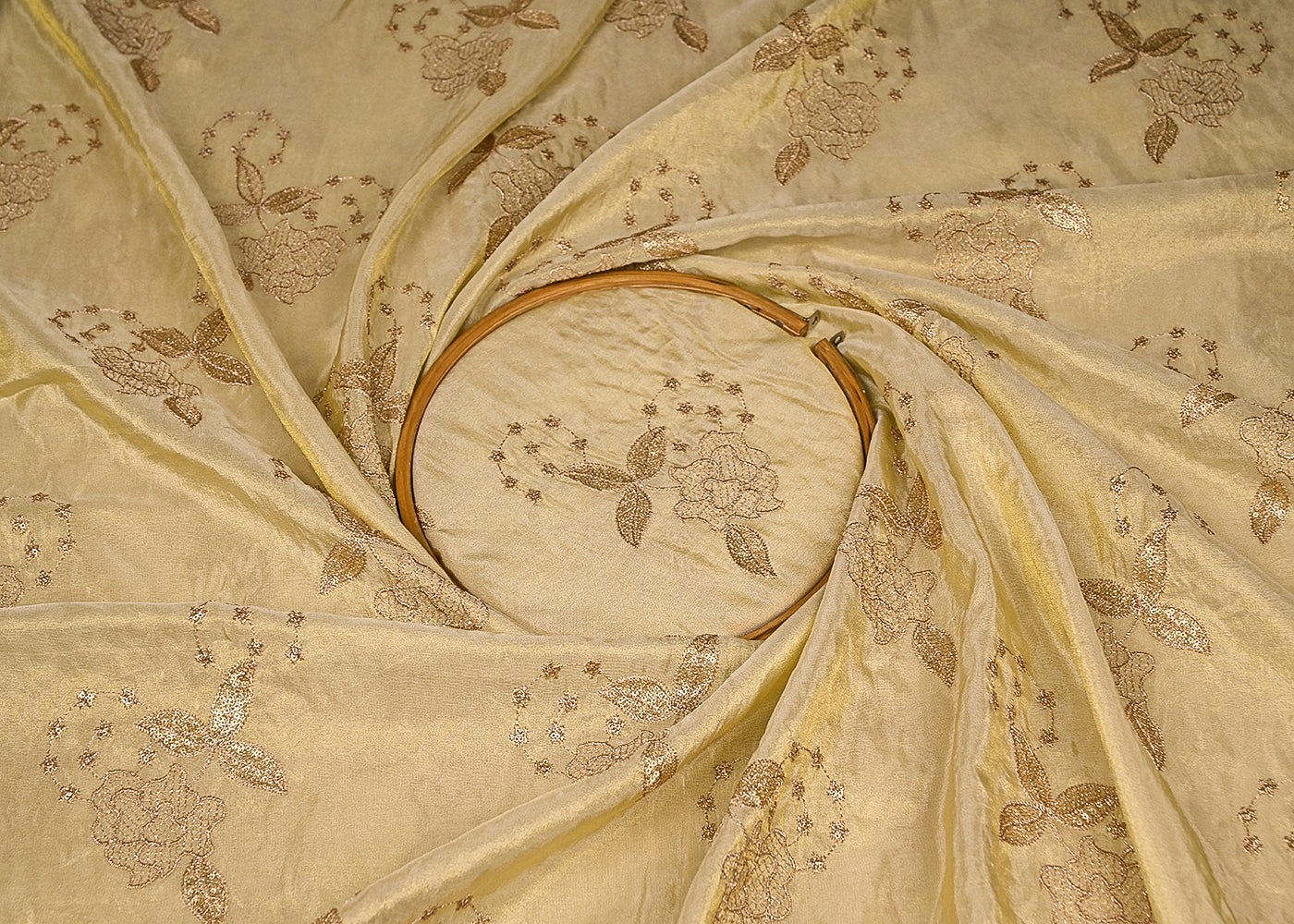 Golden Tissue Fabric with Allover Zari and Sequins Work 21086