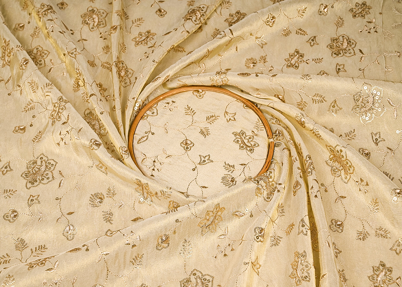 Golden Tissue Fabric with Allover Zari and Sequins Work 21087