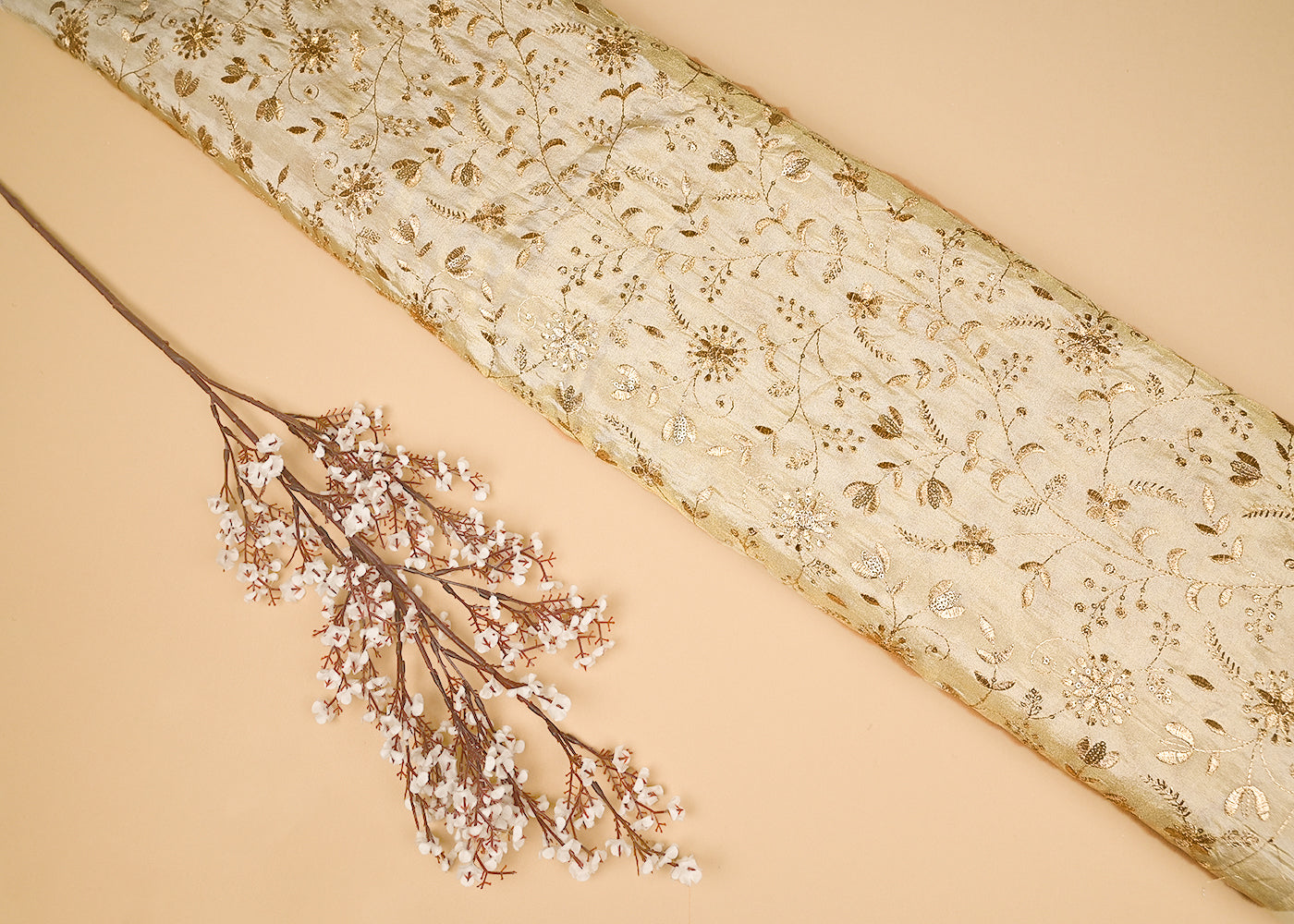 Golden Tissue Fabric with Allover Zari and Sequins Work 21088