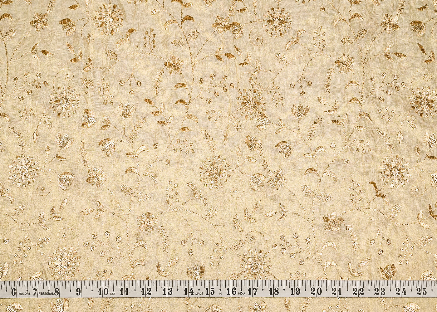 Golden Dyeable Tissue Fabric with Allover Zari and Sequins Work 21088