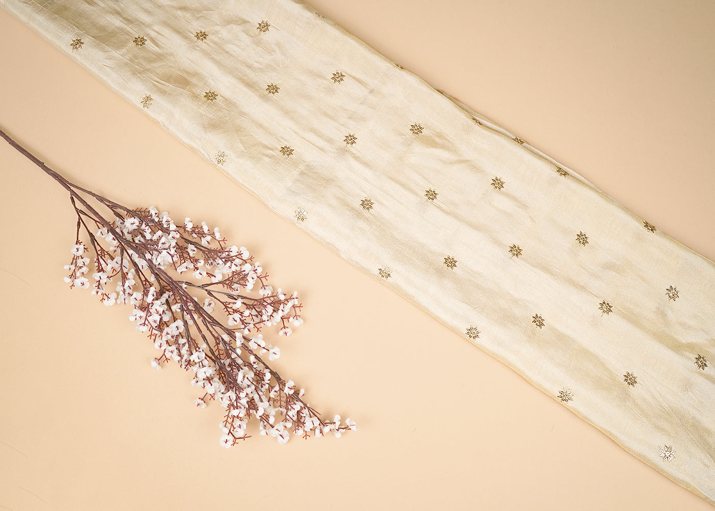 Golden Tissue Fabric with Allover Buti of Zari and Sequins Work 21094