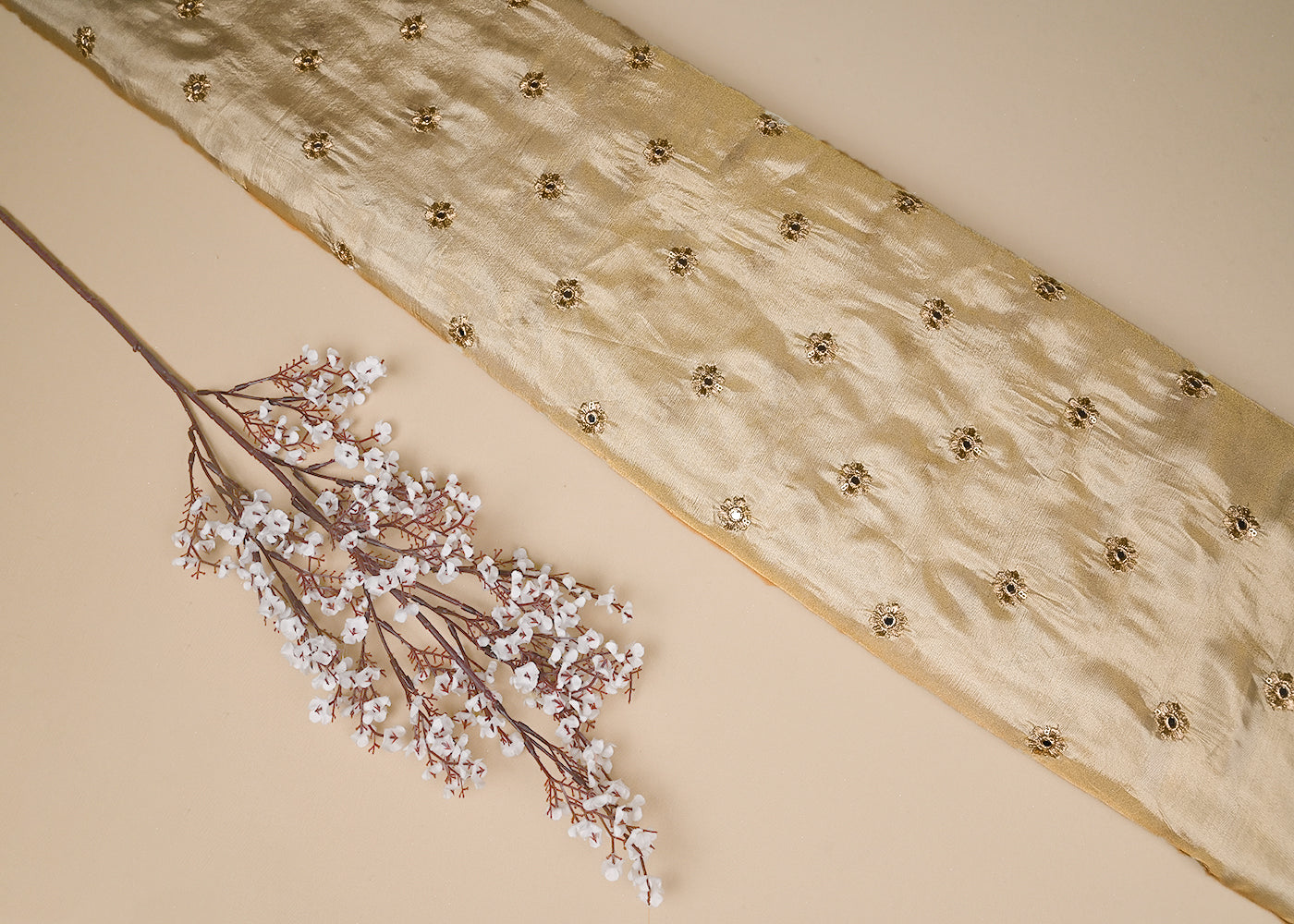 Golden Tissue Fabric with Allover Buti of Zari, Faux Mirror and Sequins Work 21095