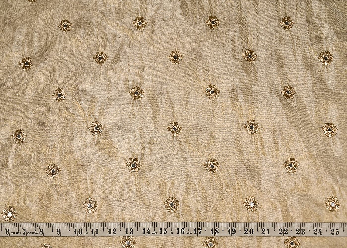Golden Tissue Fabric with Allover Buti of Zari, Faux Mirror and Sequins Work 21095