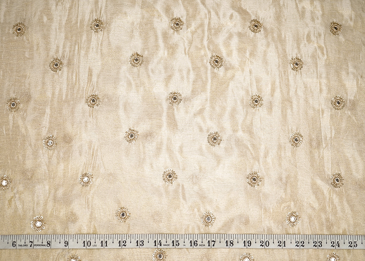 Golden Tissue Fabric with Allover Buti of Zari, Faux Mirror and Sequins Work 21096