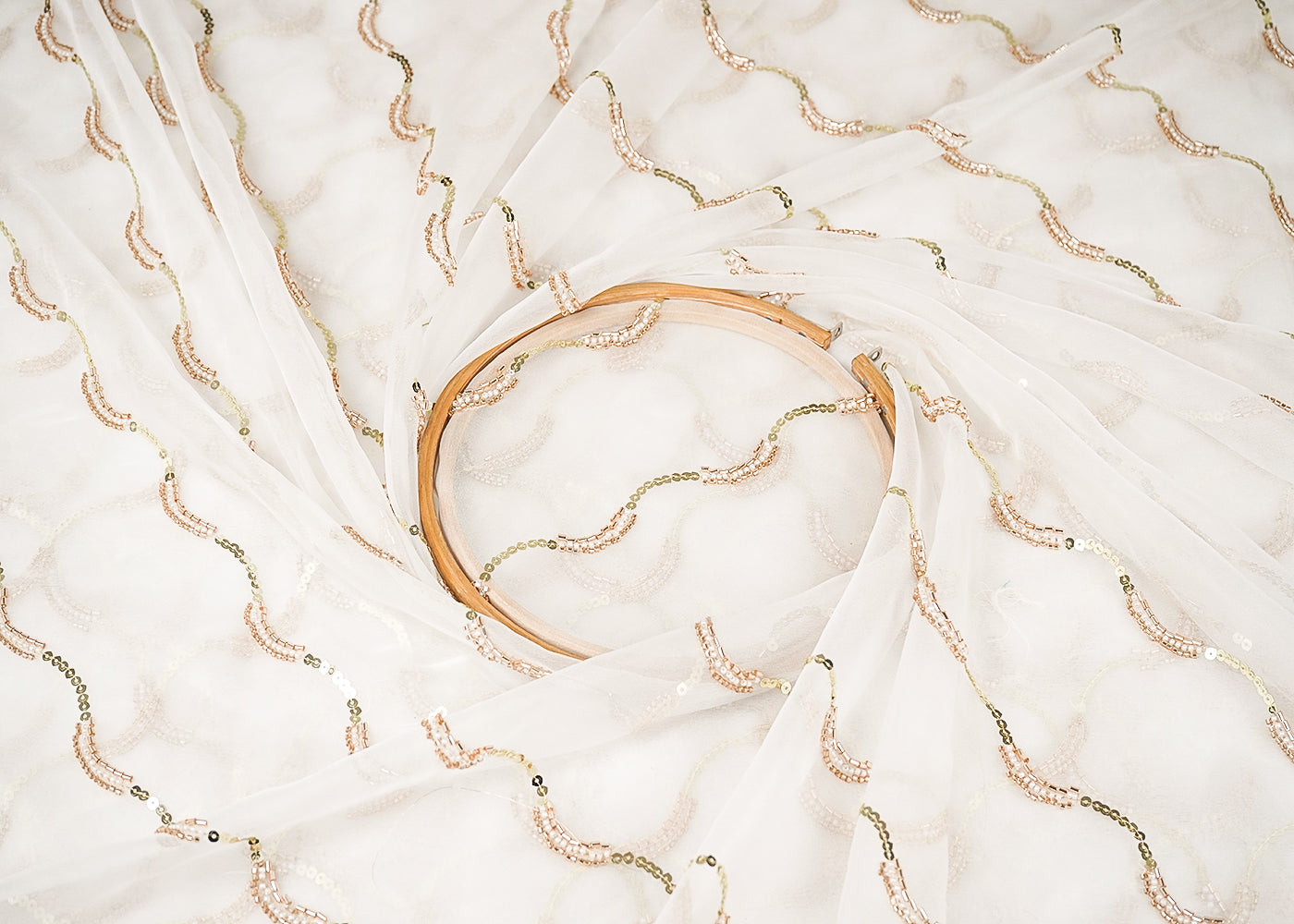 White Organza Fabric with Allover Strips of Golden Katdana, Sequins and Bead Work 21097