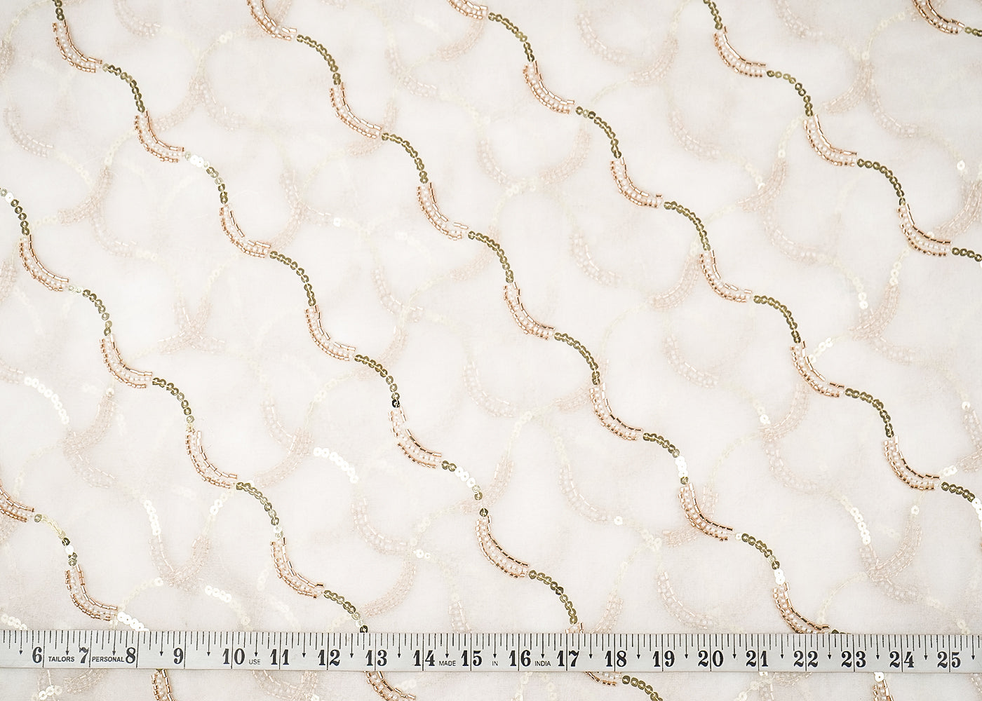 White Dyeable Organza Fabric with Allover Strips of Golden Katdana, Sequins and Bead Work 21097