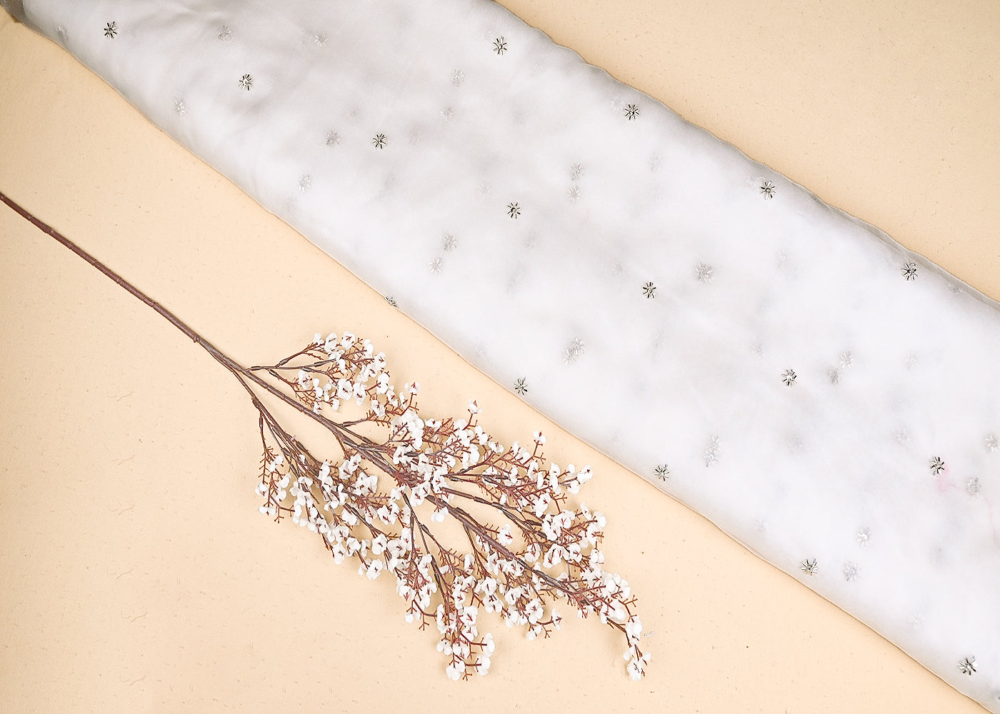 White Organza Fabric With Allover Buti Of Silver Katdana And Sequins Work 21099