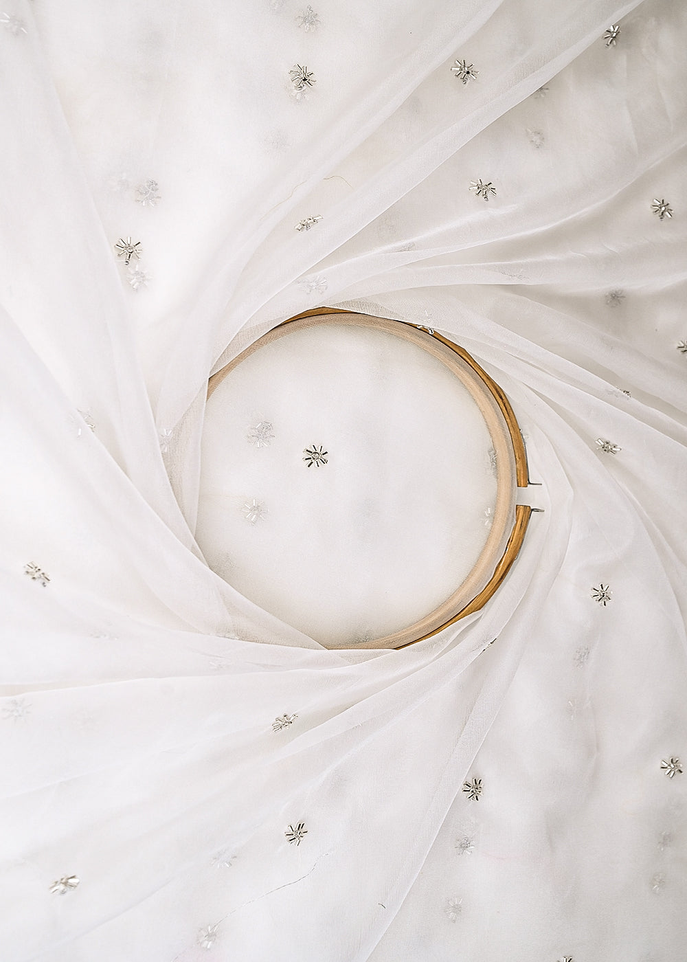 White Dyeable Organza Fabric With Allover Buti Of Silver Katdana And Sequins Work 21099