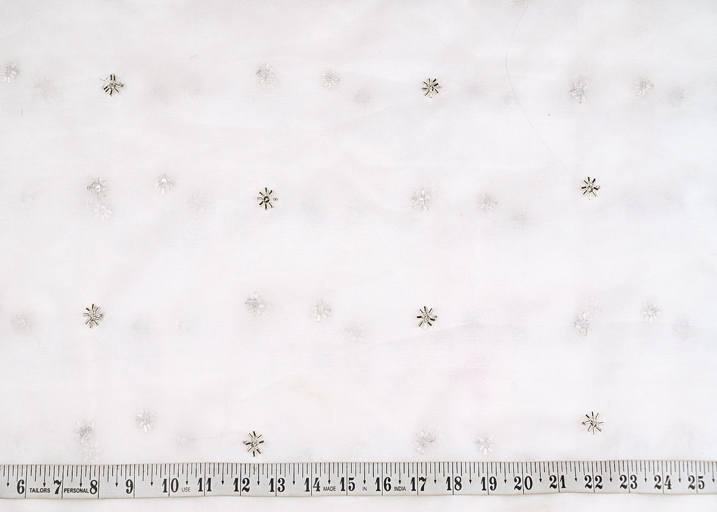 White Dyeable Organza Fabric With Allover Buti Of Silver Katdana And Sequins Work 21099