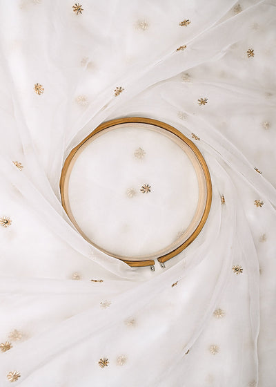 White Dyeable Organza Fabric With Allover Buti Of Golden Katdana And Sequins Work 21100