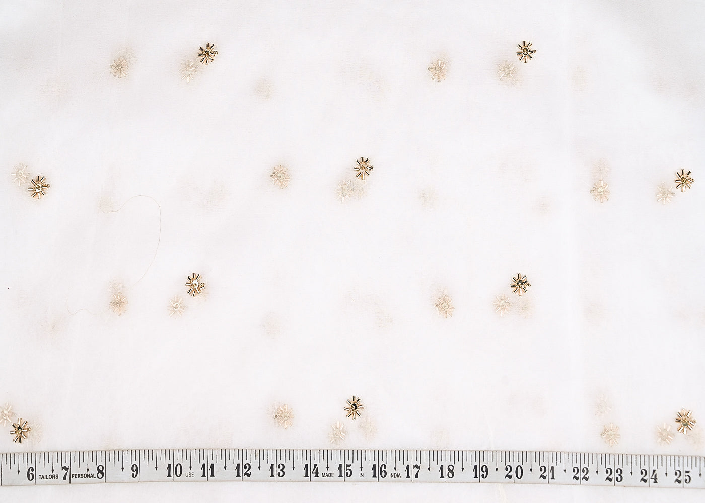 White Dyeable Organza Fabric With Allover Buti Of Golden Katdana And Sequins Work 21100