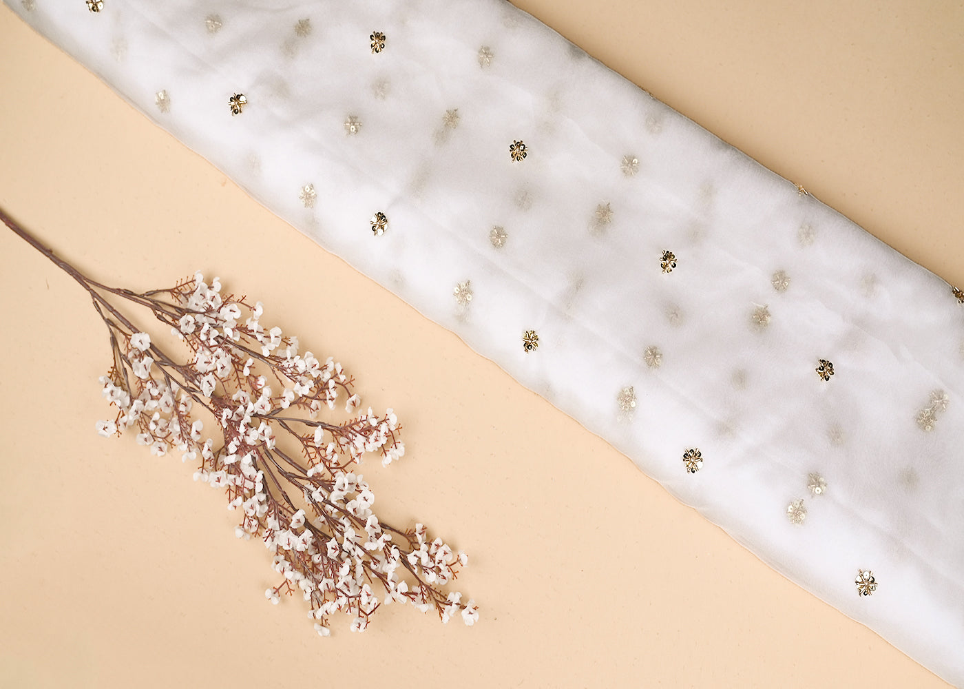 White Organza Fabric With Allover Buti Of Golden Katdana, Bead And Sequins Work 21101