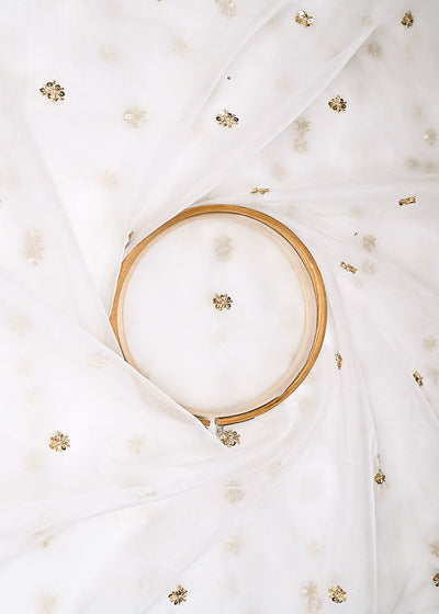 White Dyeable Organza Fabric With Allover Buti Of Golden Katdana, Bead And Sequins Work 21101