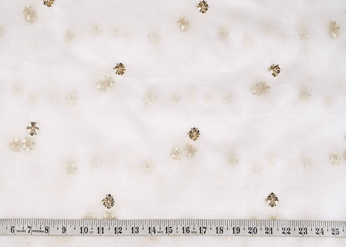 White Dyeable Organza Fabric With Allover Buti Of Golden Katdana, Bead And Sequins Work 21101