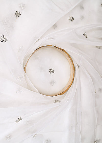 White Dyeable Organza Fabric With Allover Buti Of Silver Katdana, Bead And Sequins Work 21102