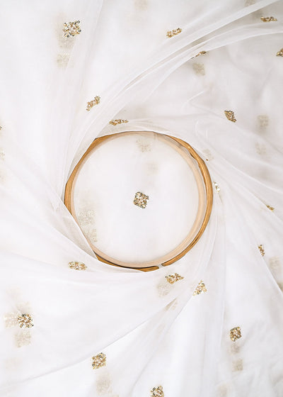 The Noor - White Dyeable Organza Fabric With Allover Buti Of Golden Katdana, Bead And Sequins Work | 21103