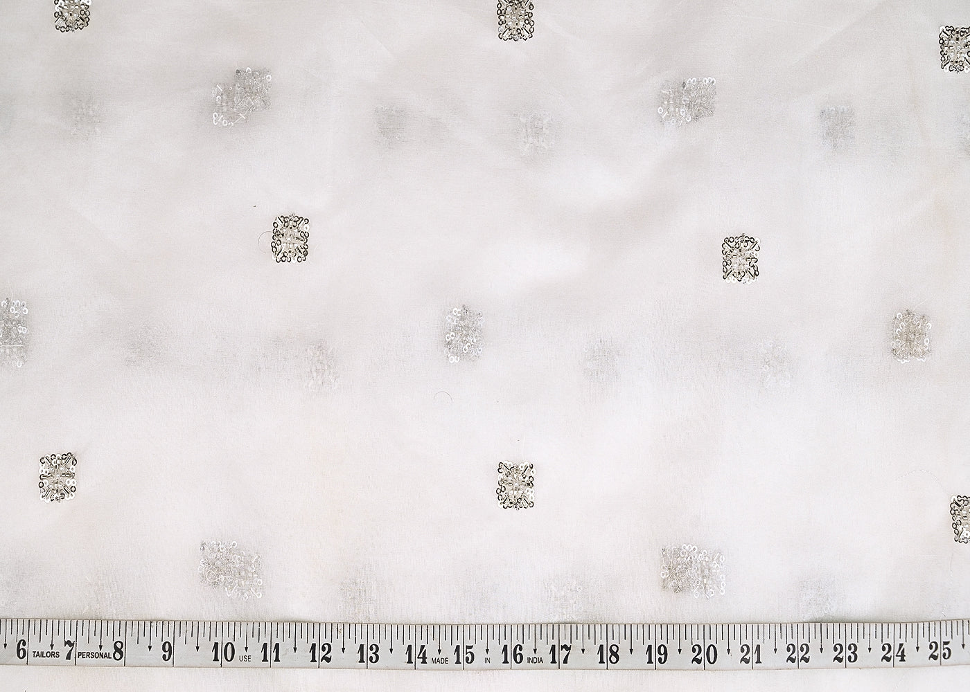 White Dyeable Organza Fabric With Allover Buti Of Silver Katdana, Bead And Sequins Work 21104