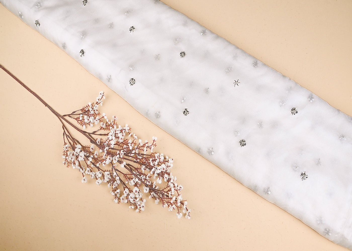 White Organza Fabric With Allover Buti Of Silver Katdana, Bead And Sequins Work 21105